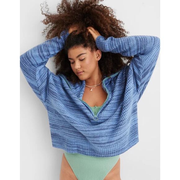 American Eagle 1/4 Zip Turtle Neck Wool Blend Sweater - Blue Wms Large - Picture 1 of 11